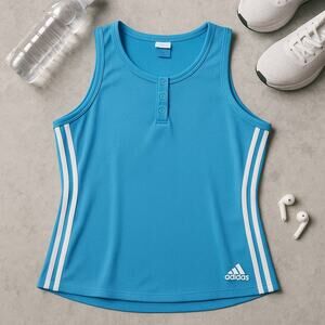 Adidas Vintage Y2K 3 Stripe Mesh Henley Tank Top Blue White Activewear Womens XL